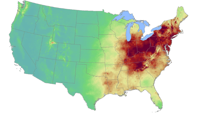 Visual representation of average wet sulfate deposition across the United States. Where a significant deposition resides in North East region.
