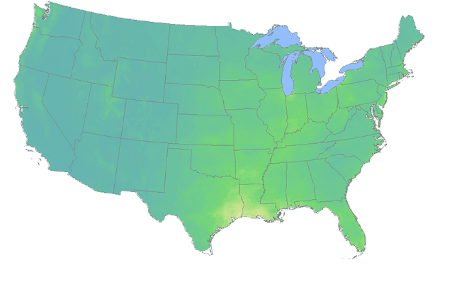 Visual representation of average wet sulfate deposition across the United States where much of the wet sulfate has now diminished.